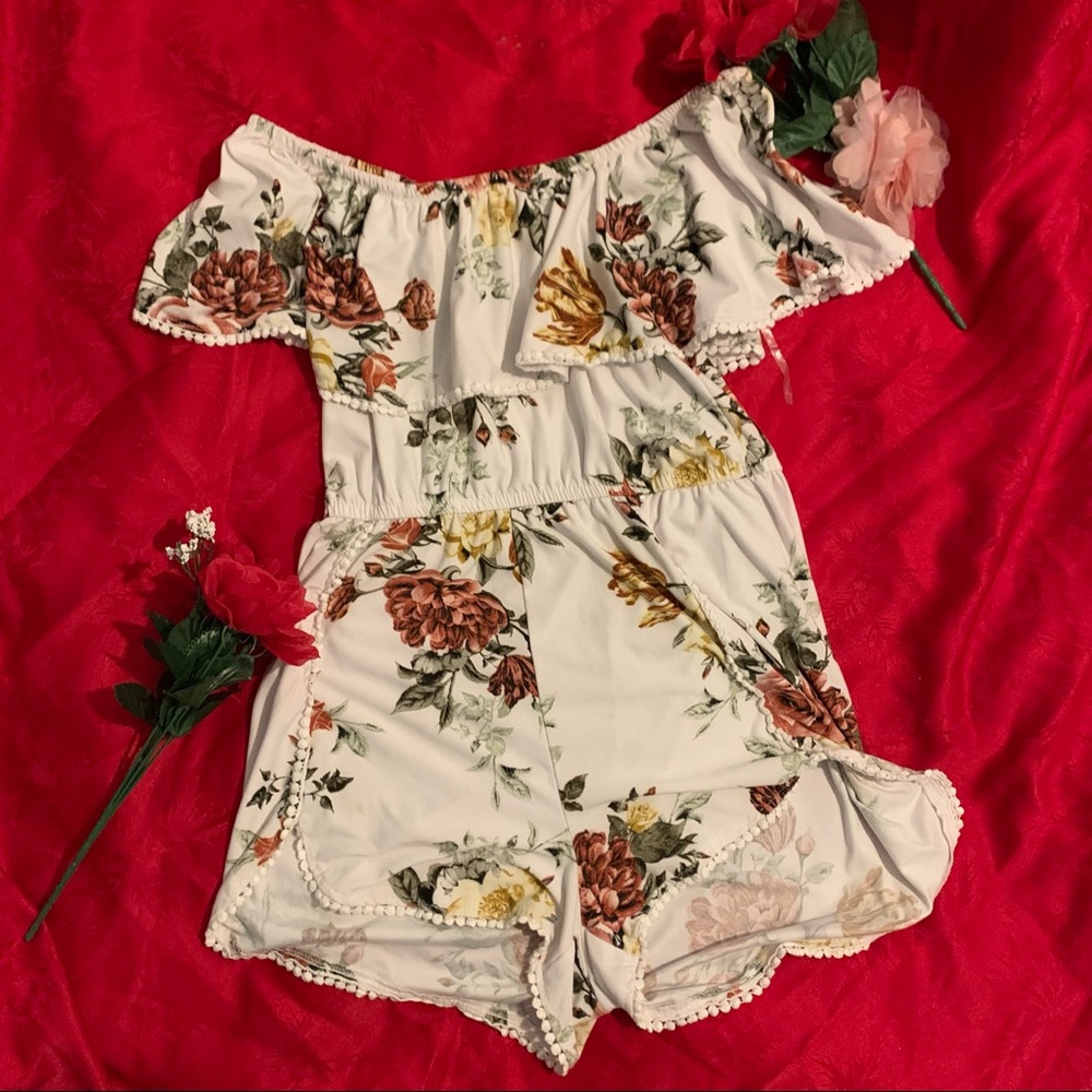 off shoulder floral boho romper